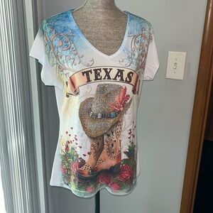 Sweet Gisele Womens Texas Cowboy Hat and Boots Rhinestones & Glitter Shirt XL